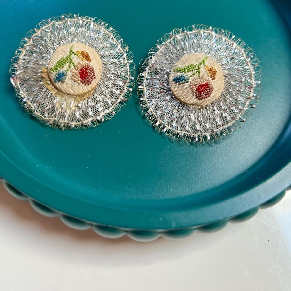 Stunning Handmade Vintage 1960s West Germany Needlepoint Medallion Clip Earrings